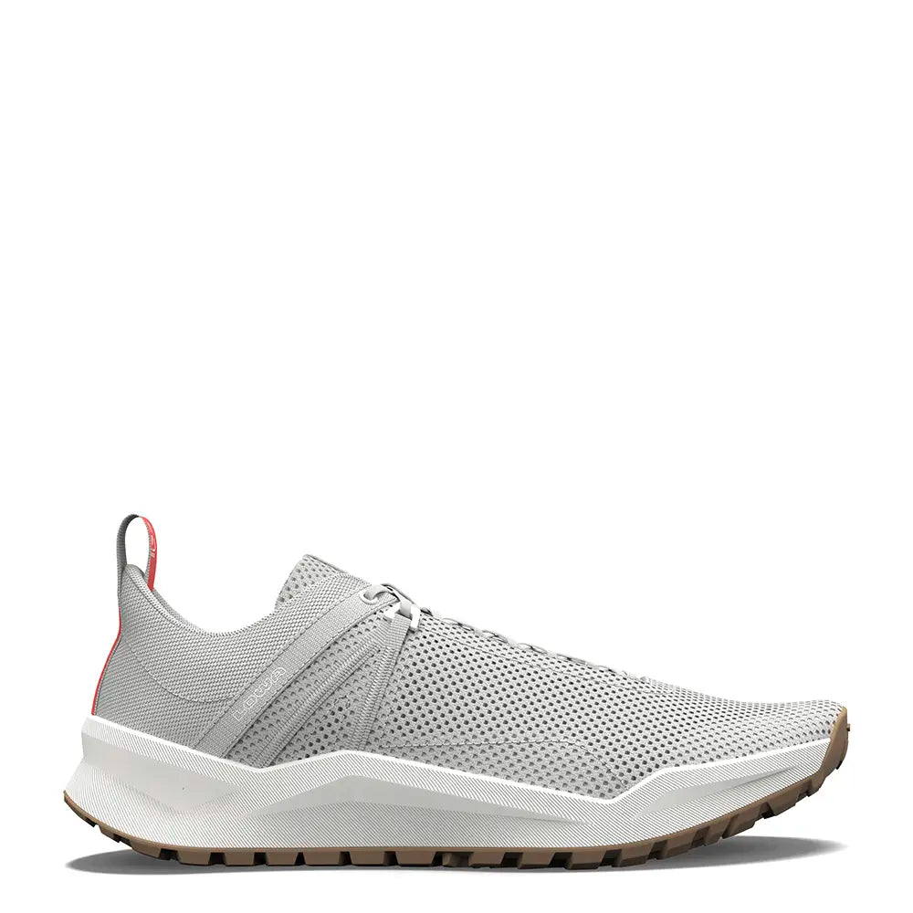 Side view of KALOYA men's shoe in off-white and coral with rugged sole
