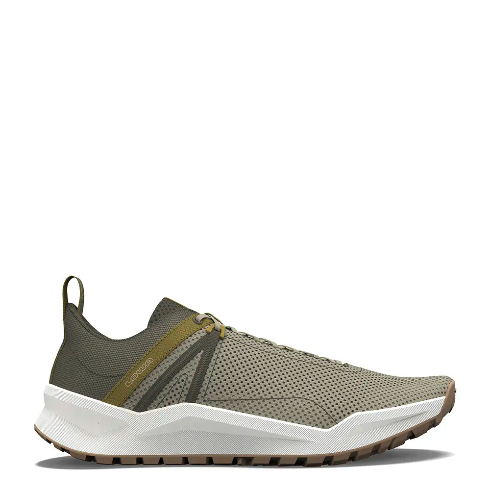 Side view of KALOYA men's shoe in seaweed and desert with rugged sole
