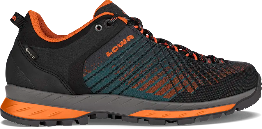 Black and orange men's hiking shoe with 'LOWA' branding on a white background