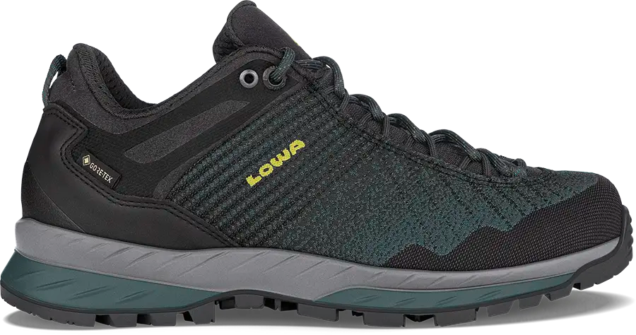 Anthracite and petrol hiking shoe with LOWA branding on a white background