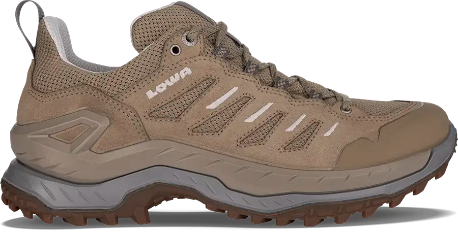 Lightweight hiking shoe with LOWA logo in dune color with aggressive outsole