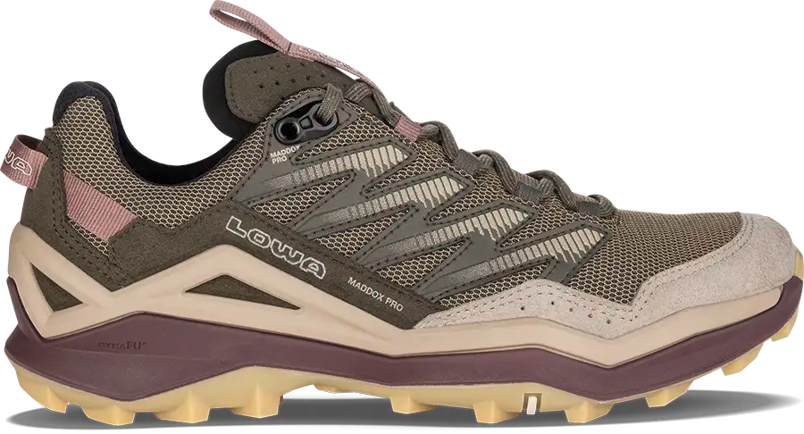 Ultra-light hiking shoe with visible LOWA logo, desert and old rose accents on a white background