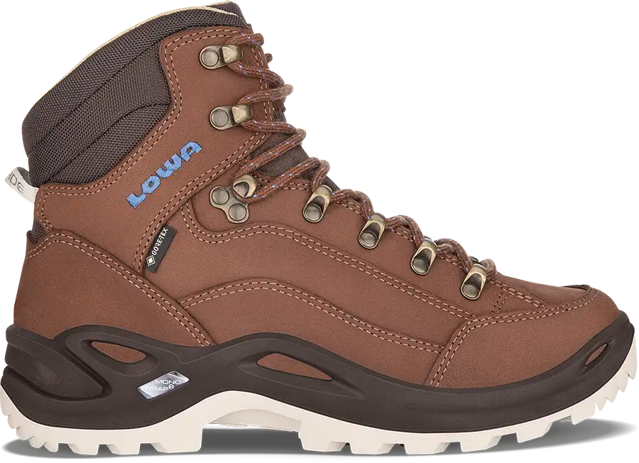 Mahagony and navy women's hiking boot with visible LOWA logo on a white background
