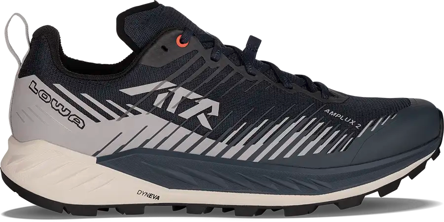 Navy and grey men's trail running shoe with LOWA logo on a white background