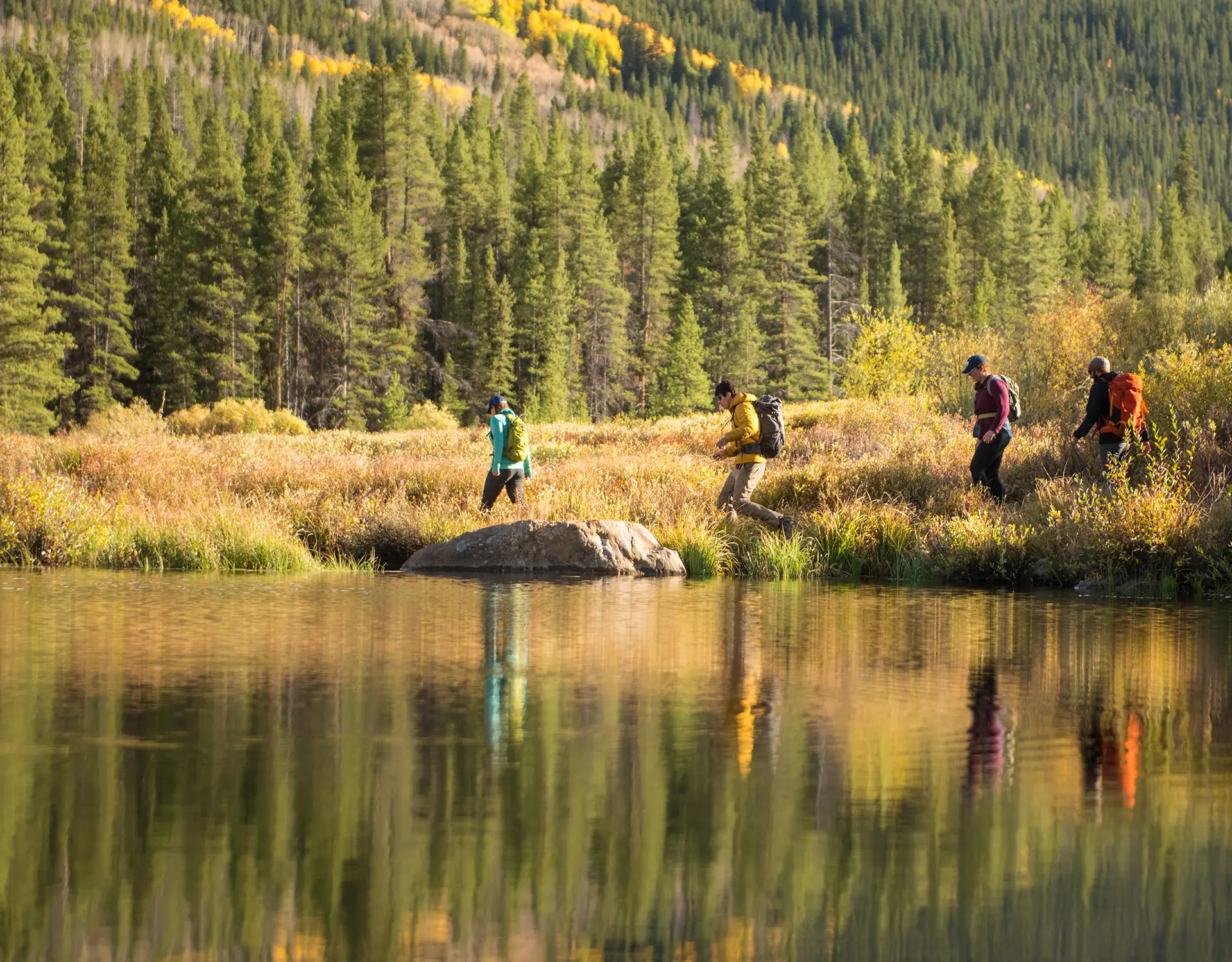 Four backpackers hiking along lake in autumn