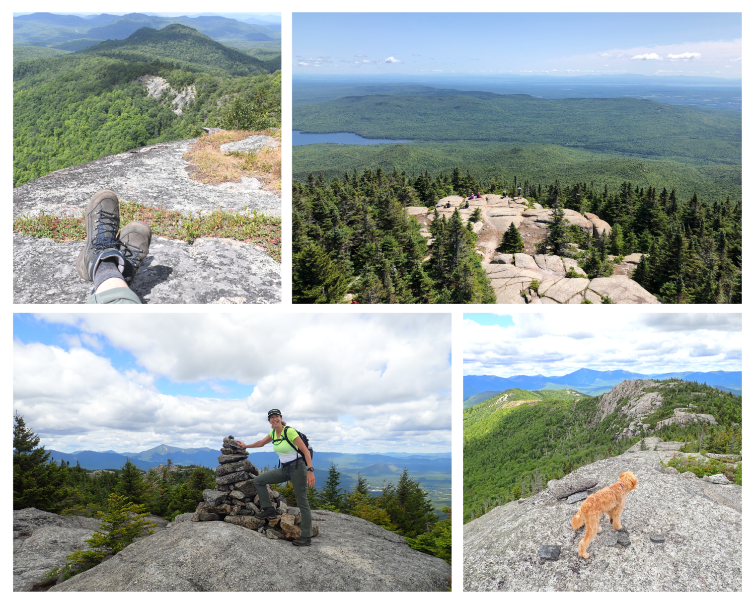 collage of 4 hiking photos, one with a dog, and one featuring lowa hiking boots 