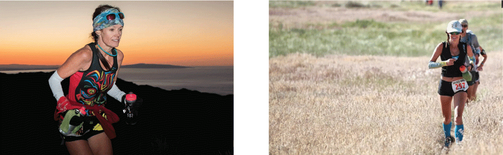 Cyndi Wyatt on the left running with a sunrise in the background, and on the right running through a field in a line of runners