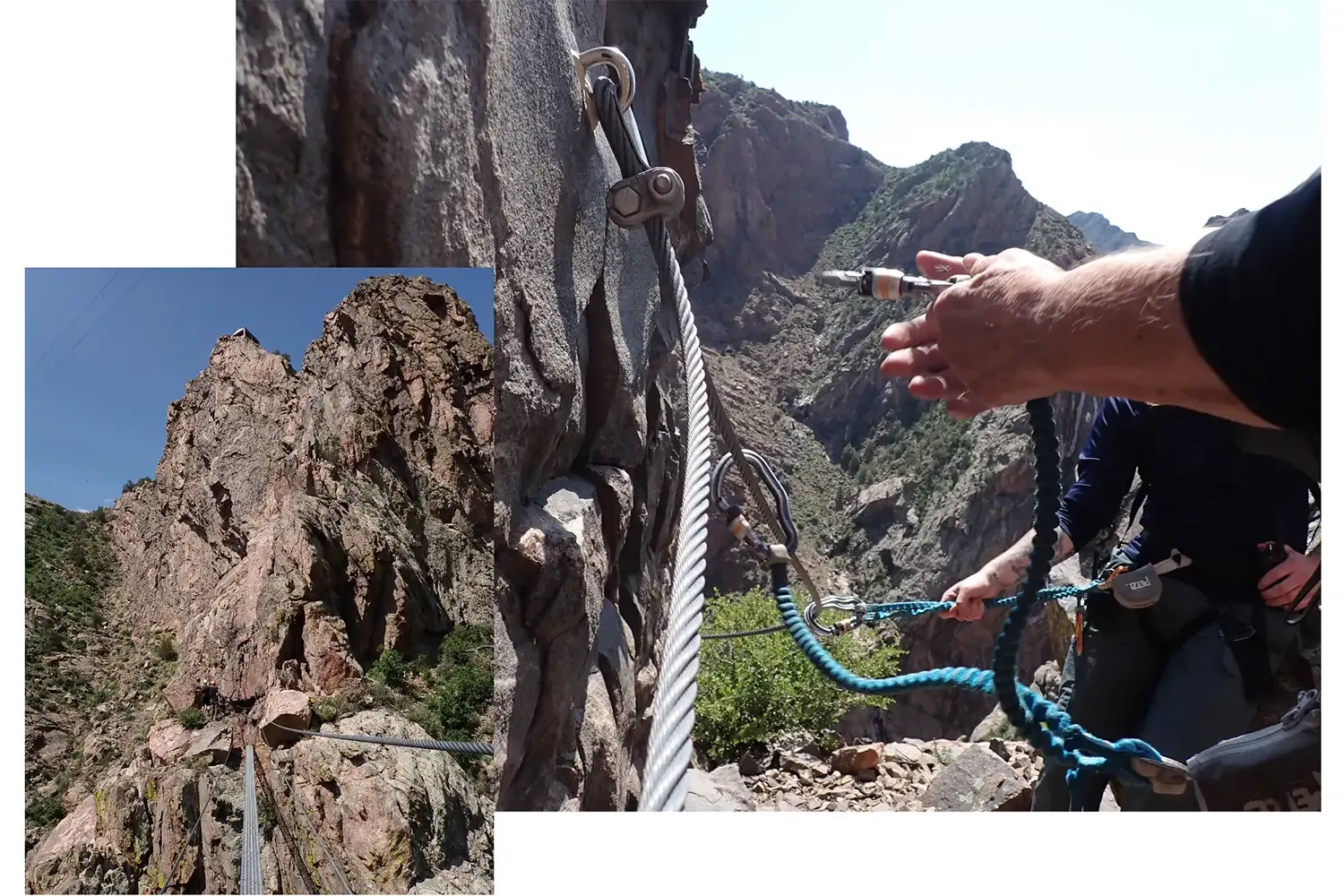 two photos one is a close up of hands getting ropes clipped into the wire and one of the route of the royal gorge via ferrata