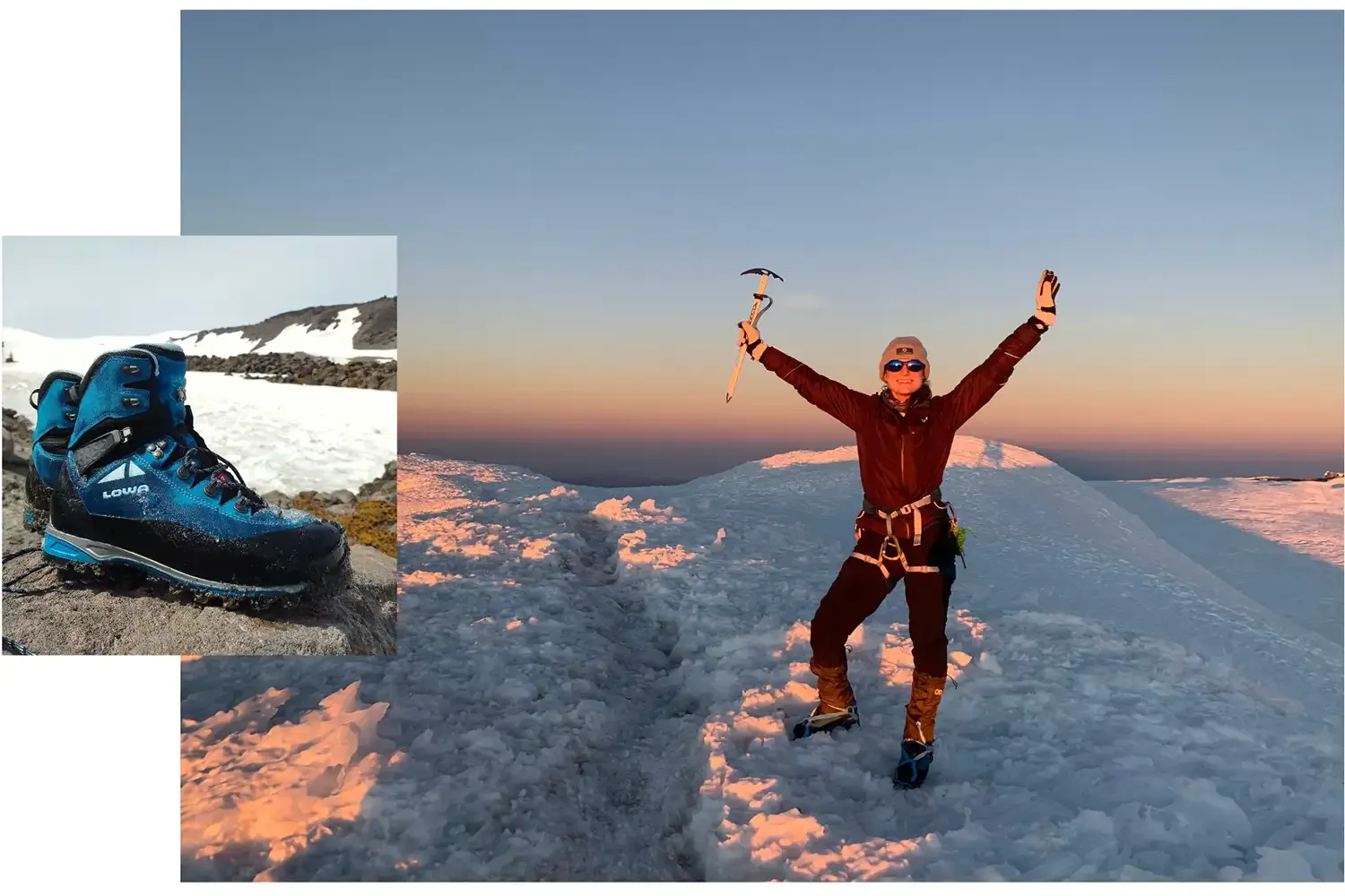 two photos: left of Alpine Expert GTX womens and right of angie at sunset atop a summit hands in the air