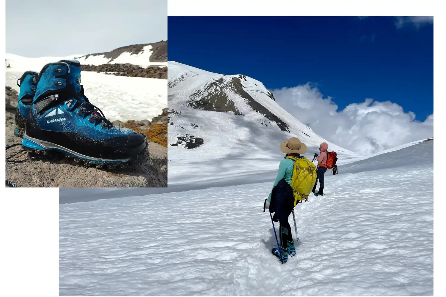 two photos: left of Alpine Expert GTX womens and right of and friends taking a break in a snowy landscape