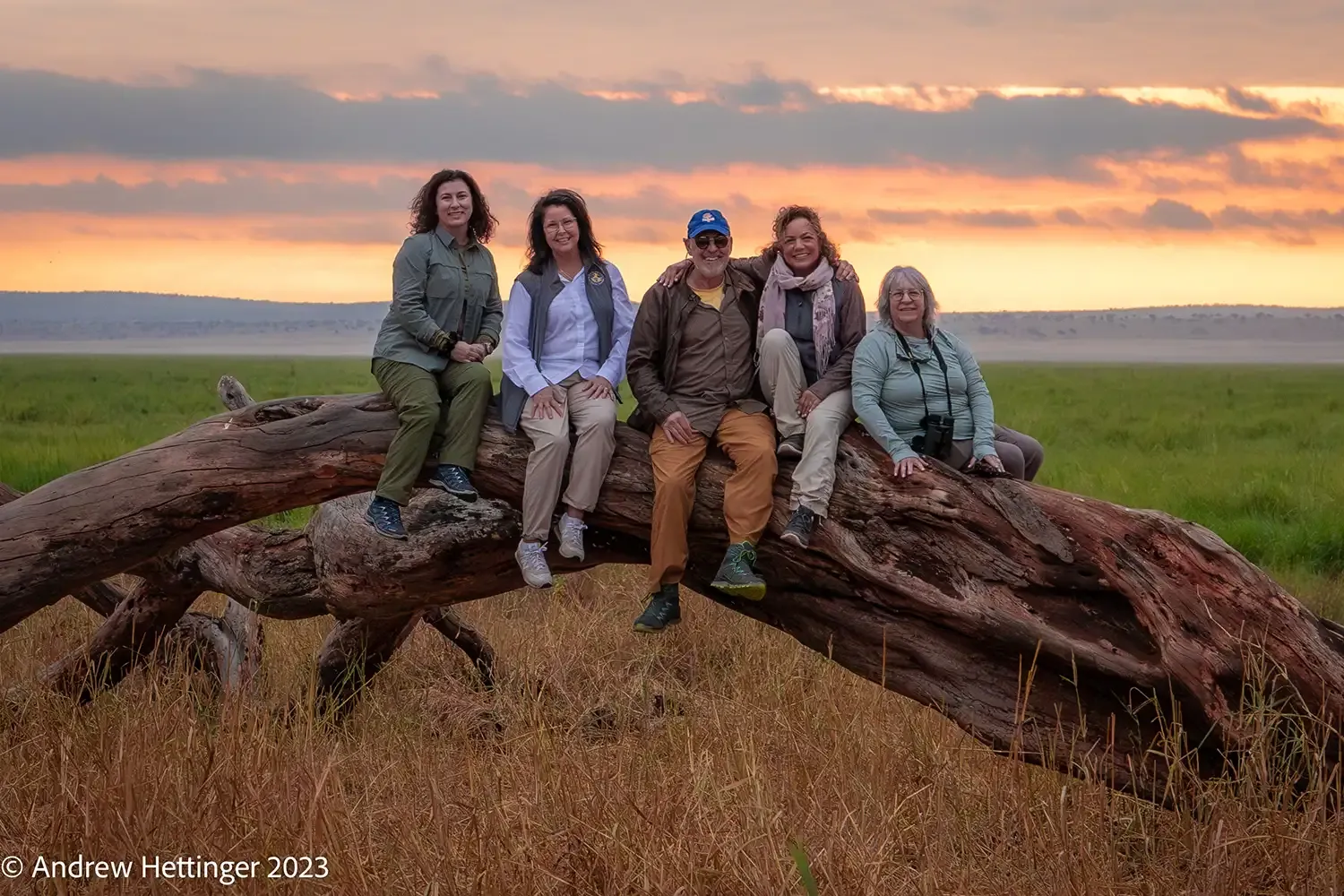 The group sitting on a tree trunk with a sunset in the back 